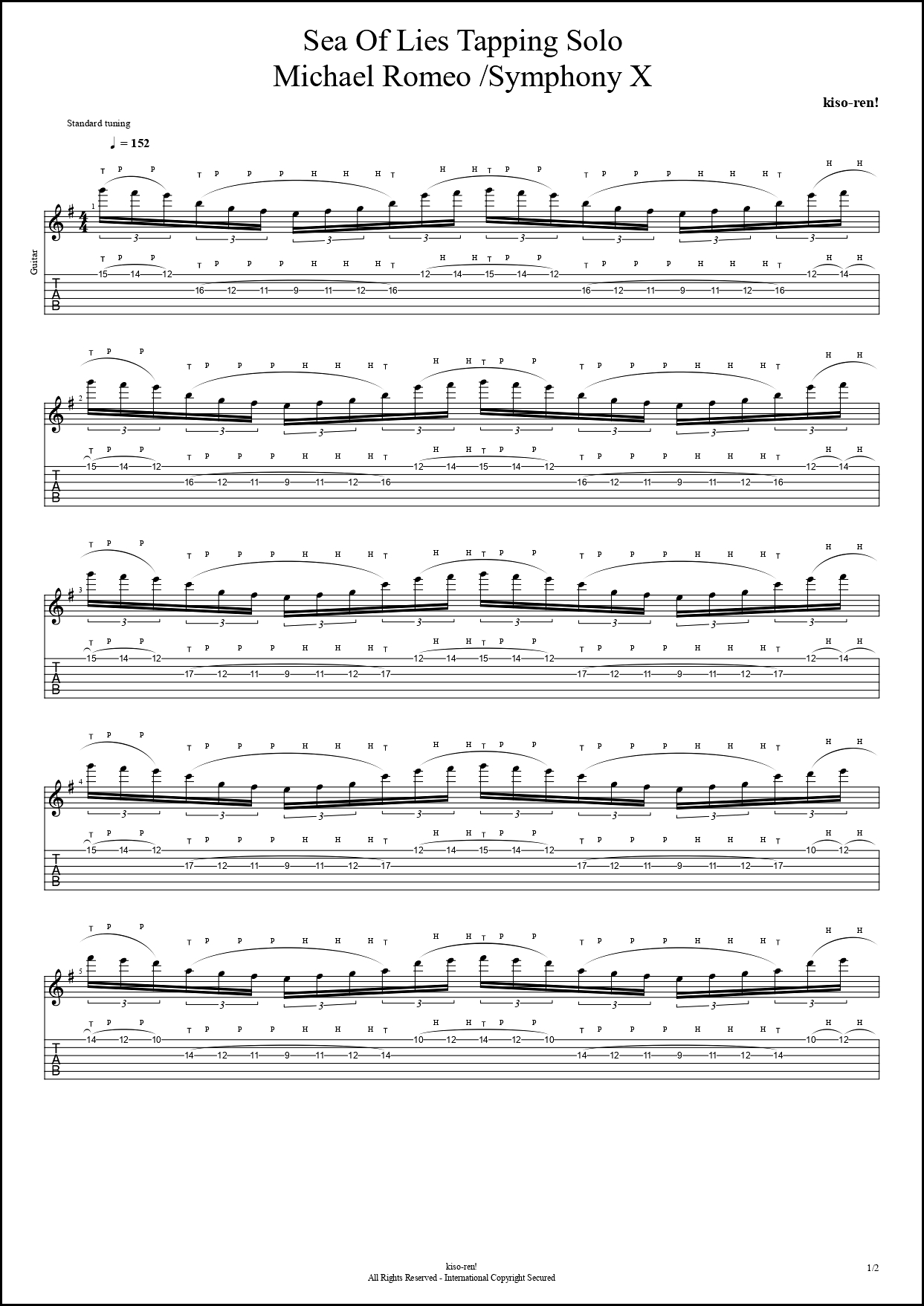 【TAB】Sea Of Lies / Symphony X Tapping Guitar Michael Romeo シンフォニーX タッピングギター BPM30-152【Tapping･タッピング】