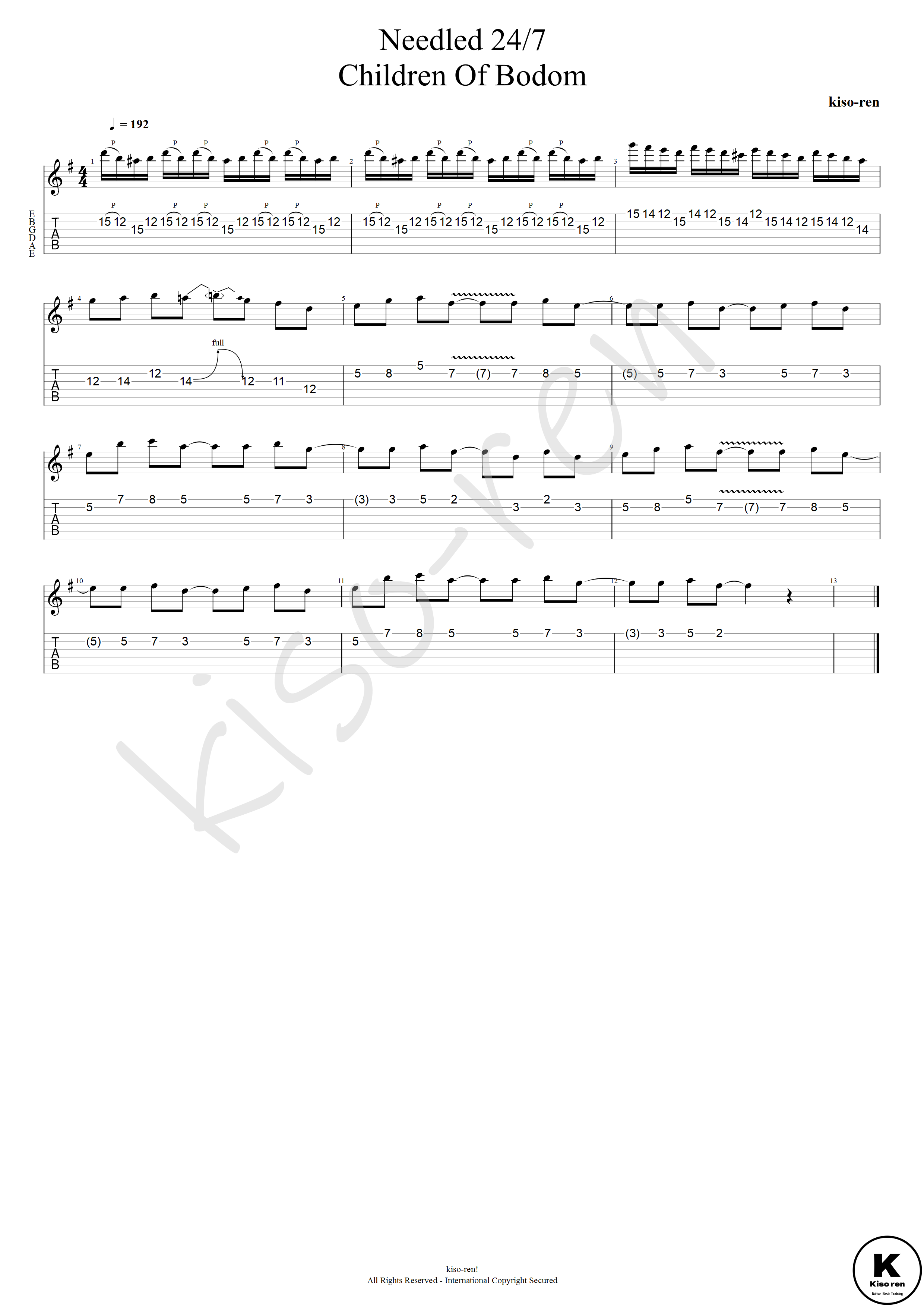 Needled 24/7 TAB - Children Of Bodom Alexi Laiho チルボド ニードルド アレキシライホ速弾きギター【Guitar picking Vol.208】BPM40-192