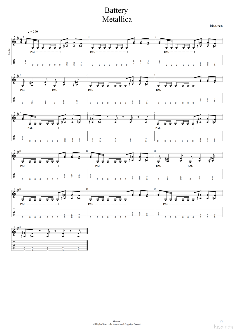 Battery TAB / Metallica Guitar Picking メタリカ バッテリー イントロ ギターピッキング基礎練習ゆっくり