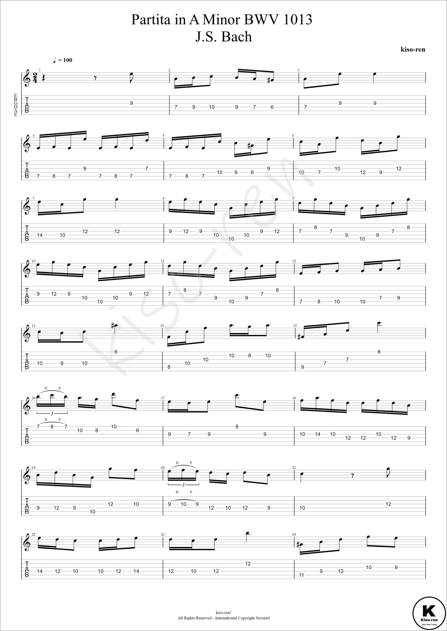 [TAB]Partita in A Minor, BWV 1013 J.S. Bach Electric Guitar Classic 無伴奏 ...